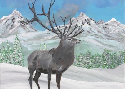 A lone stag in a snow scene